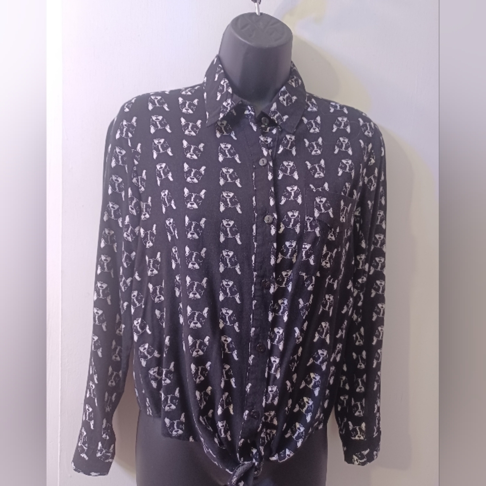 Love Notes Pug Print Long Sleeve/Roll Up Tie Front Blouse - Small